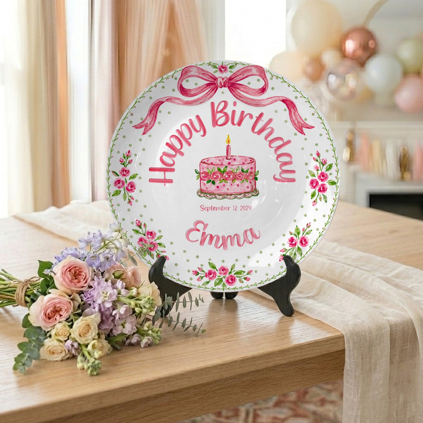 Pink Bow Rose Cake Personalized Birthday Plate P520QZN0