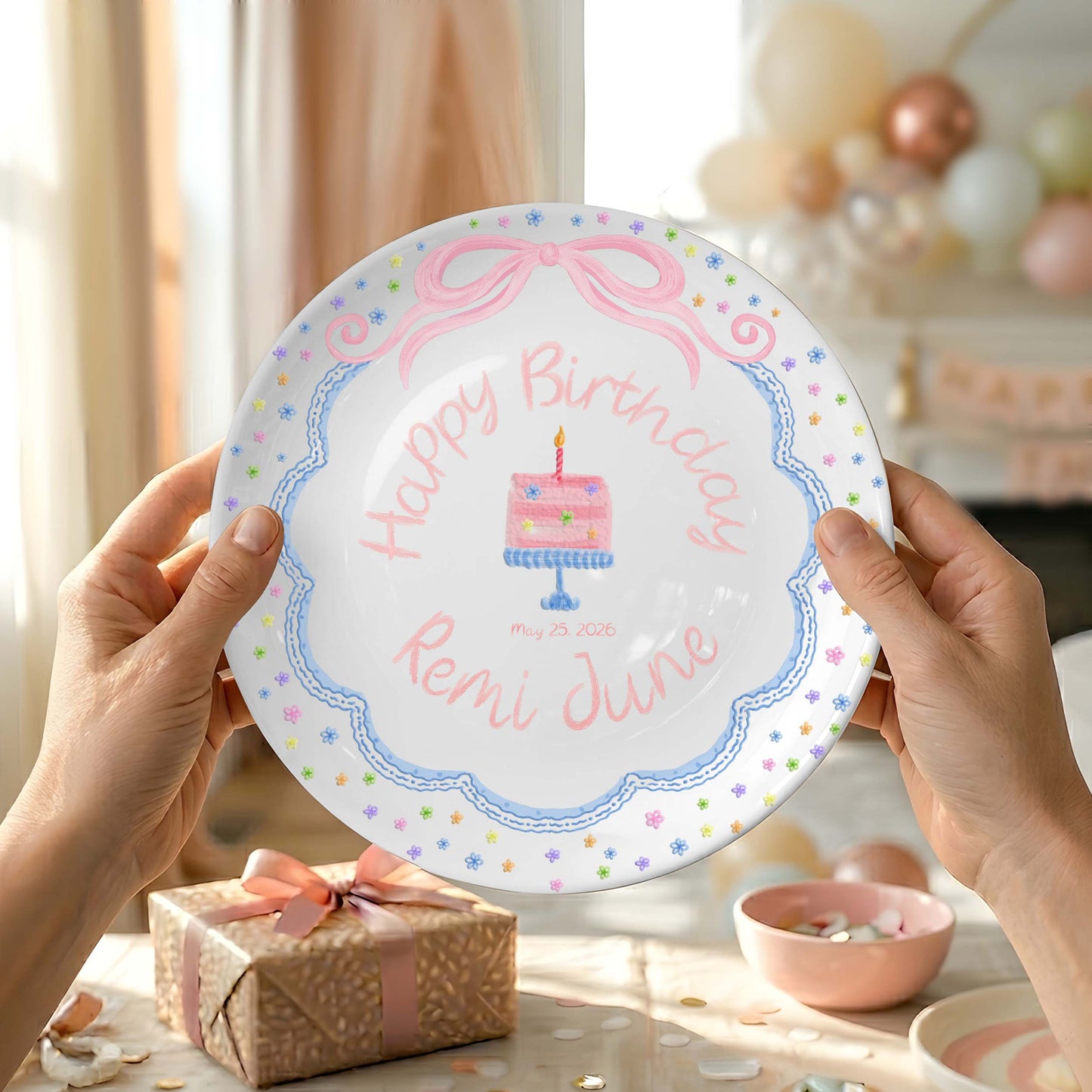 Pink Bow with Tiny Flower Border Personalized Birthday Plate P41A4U0