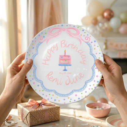 Pink Bow with Tiny Flower Border Personalized Birthday Plate P41A4U0