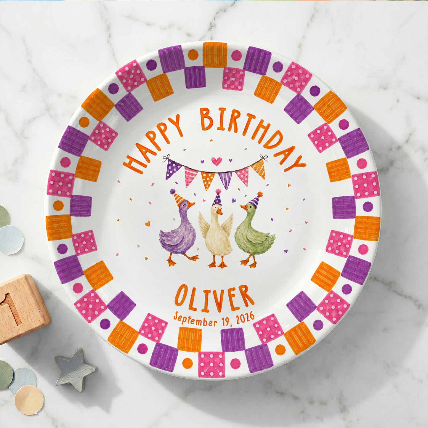 Orange Purple and Pink Checker Border with Party Ducks Personalized Birthday Plate P611QZK0