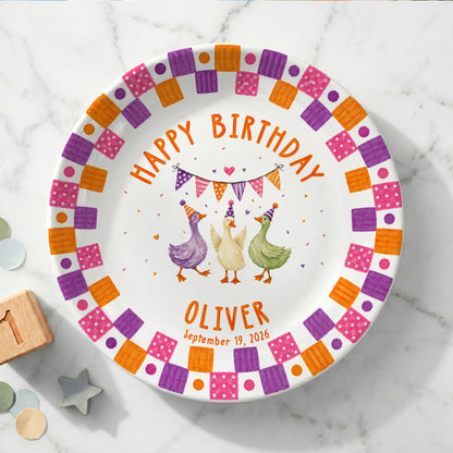 Orange Purple and Pink Checker Border with Party Ducks Personalized Birthday Plate P611QZK0