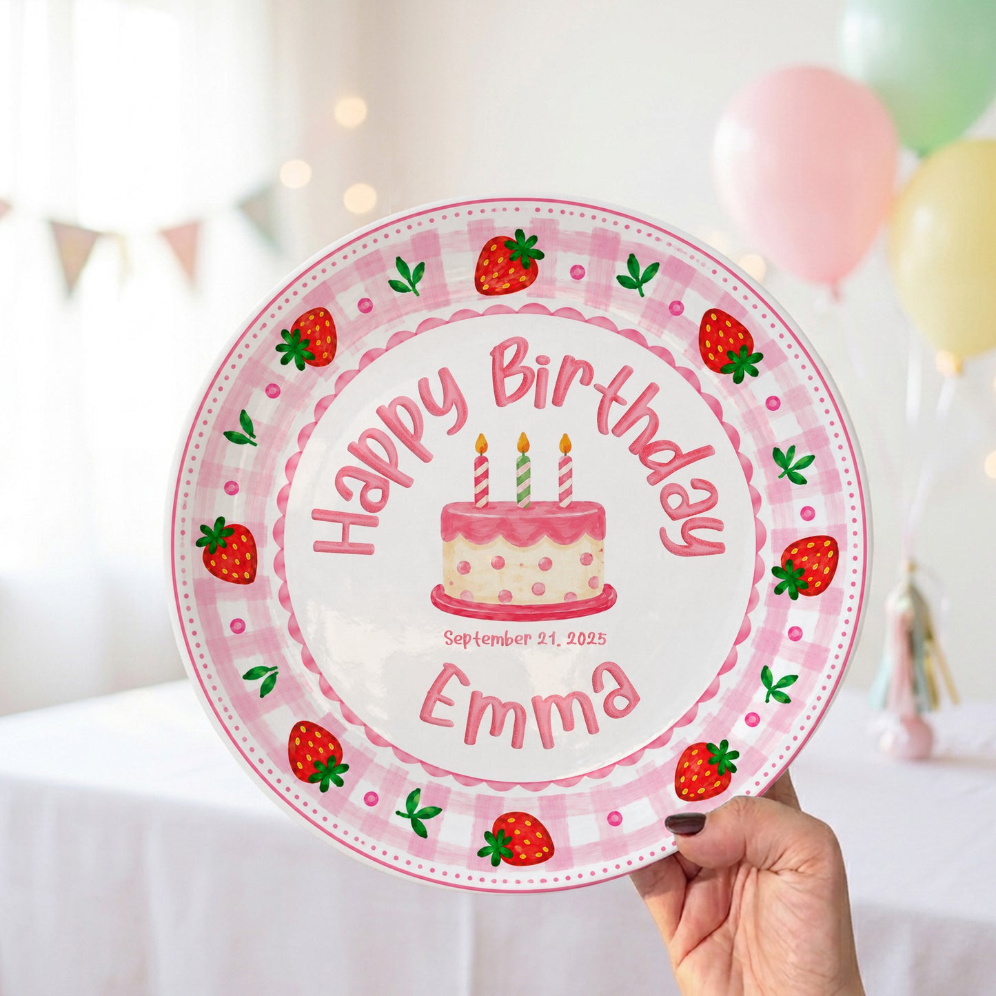 Strawberry Cake Personalized Birthday Plate for Girls, First Birthday Keepsake Gift P730H150