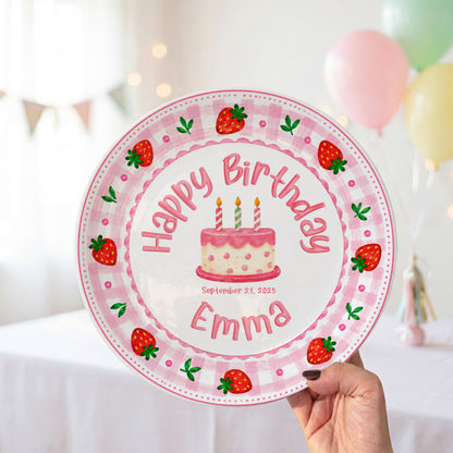 Strawberry Cake Personalized Birthday Plate for Girls, First Birthday Keepsake Gift P730H150