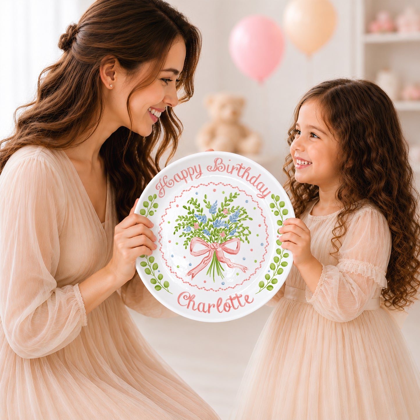Soft Floral Bouquet Personalized Birthday Plate for Girls P61TIZ0