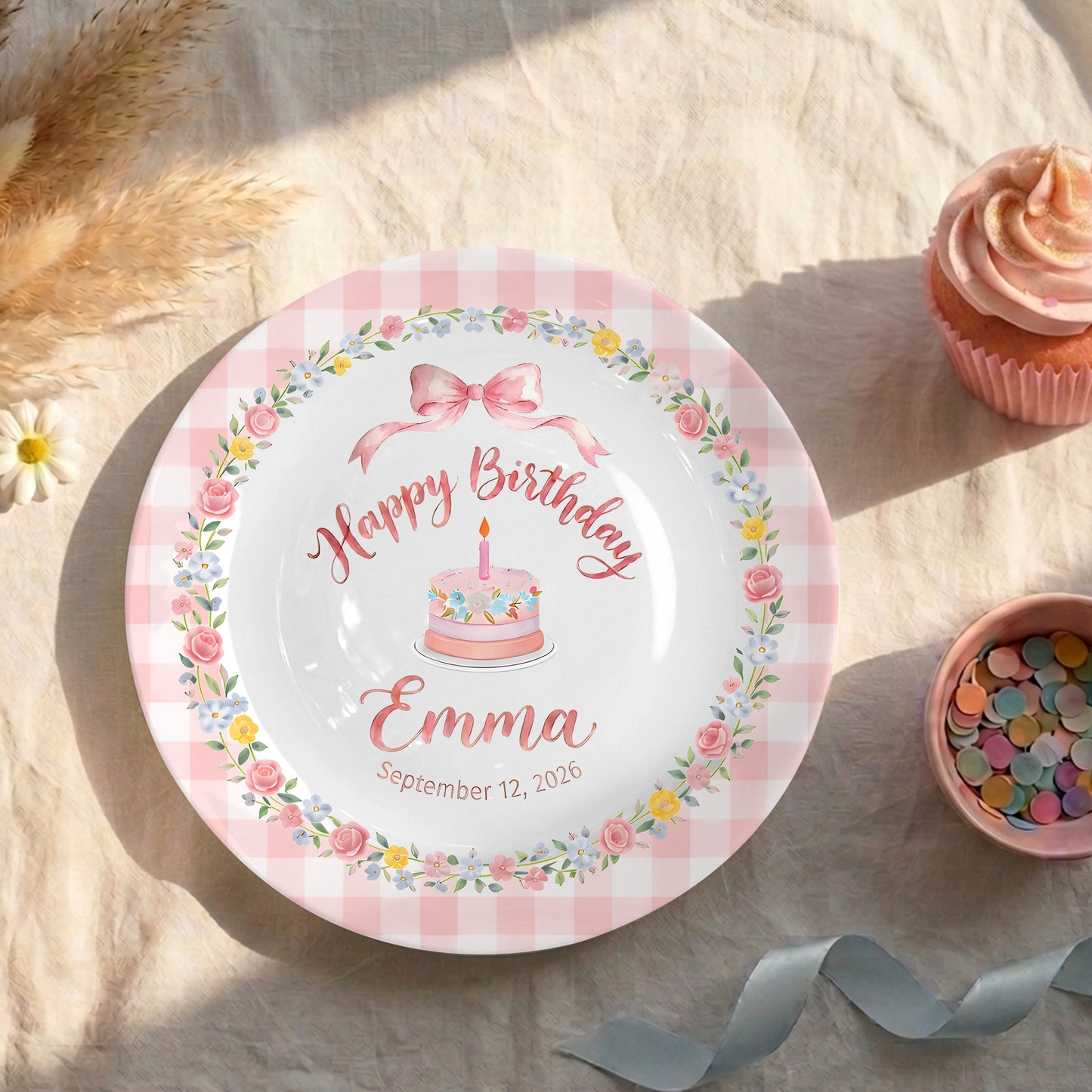 Pink Gingham Border with Floral Wreath Bow Personalized Birthday Plate P4151HJ0