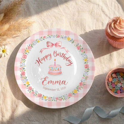 Pink Gingham Border with Floral Wreath Bow Personalized Birthday Plate P4151HJ0