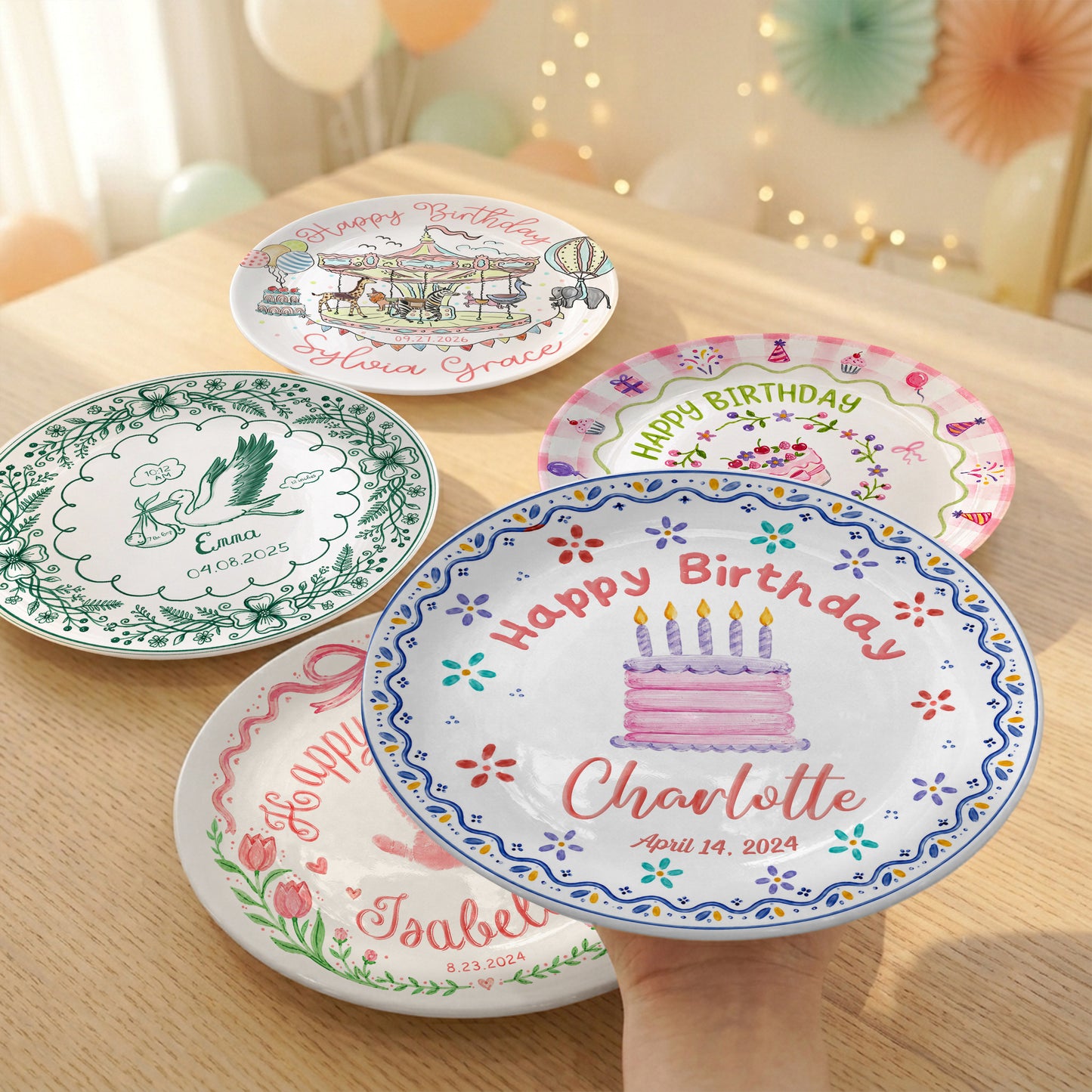 Colorful Floral Cake Design Personalized Birthday Plate for Little Girls P814DYI0