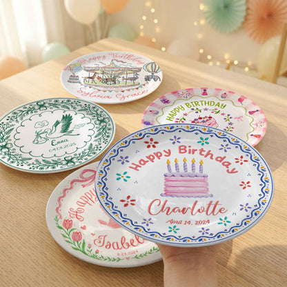 Colorful Floral Cake Design Personalized Birthday Plate for Little Girls P814DYI0