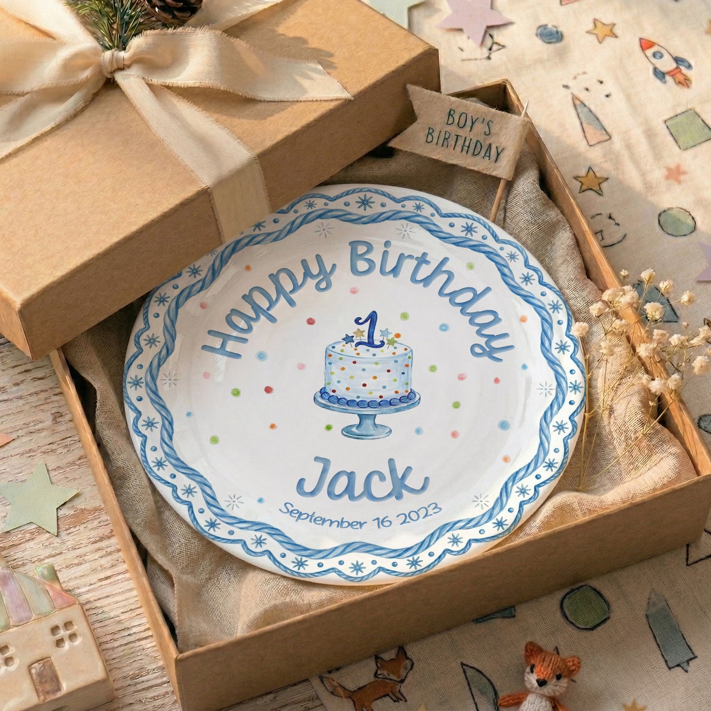 Blue Scallop Border Personalized Birthday Plate P417LAJ0