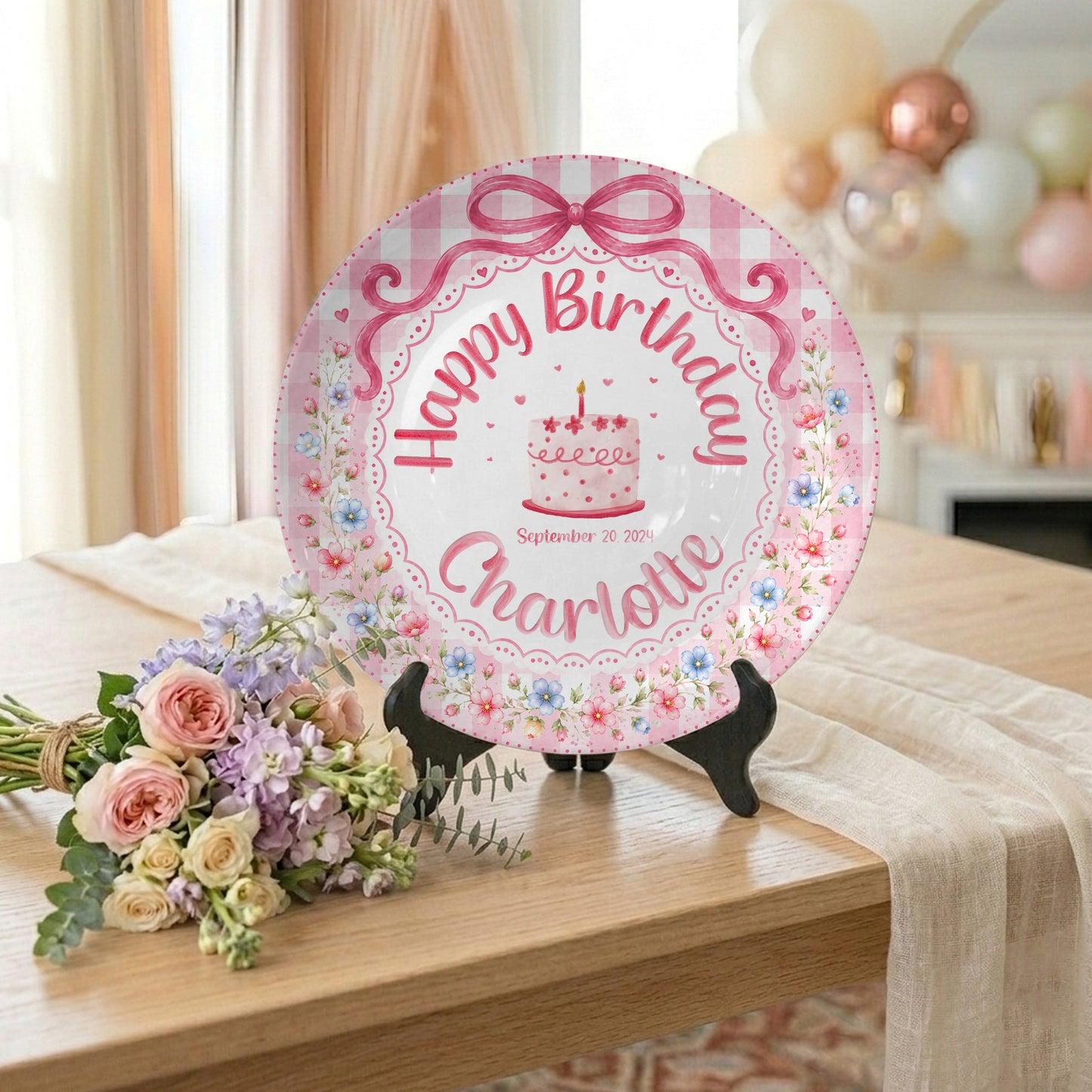 Pink Gingham Floral Bow Cake Personalized Birthday Plate for Girls P520UDC0