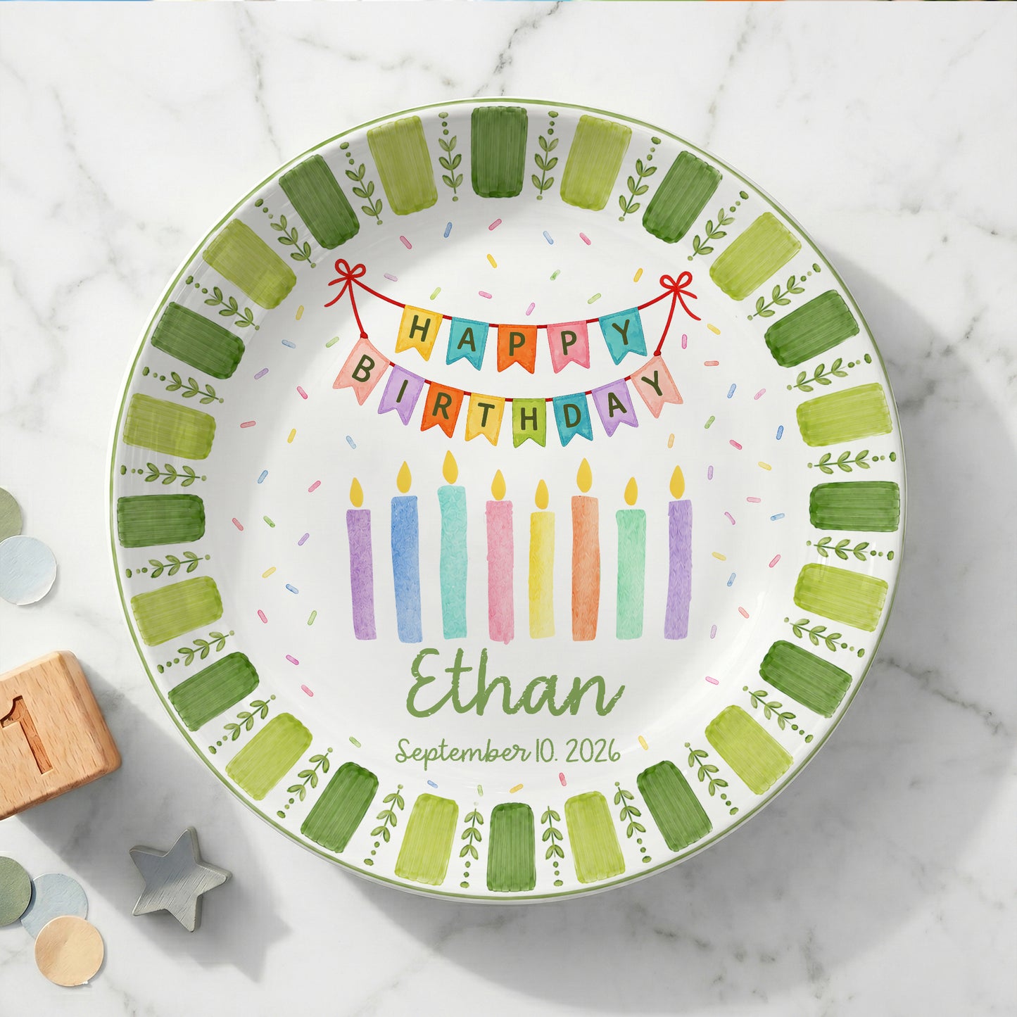 Green Striped Leaf Border with Birthday Banner and Colorful Candles Personalized Birthday Plate P66QSJ0