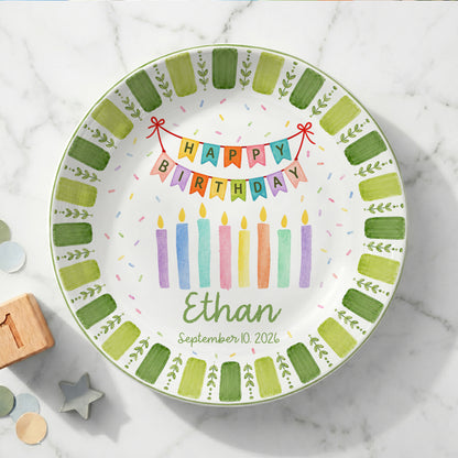 Green Striped Leaf Border with Birthday Banner and Colorful Candles Personalized Birthday Plate P66QSJ0