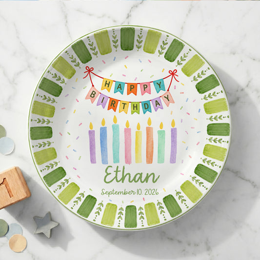 Green Striped Leaf Border with Birthday Banner and Colorful Candles Personalized Birthday Plate P66QSJ0