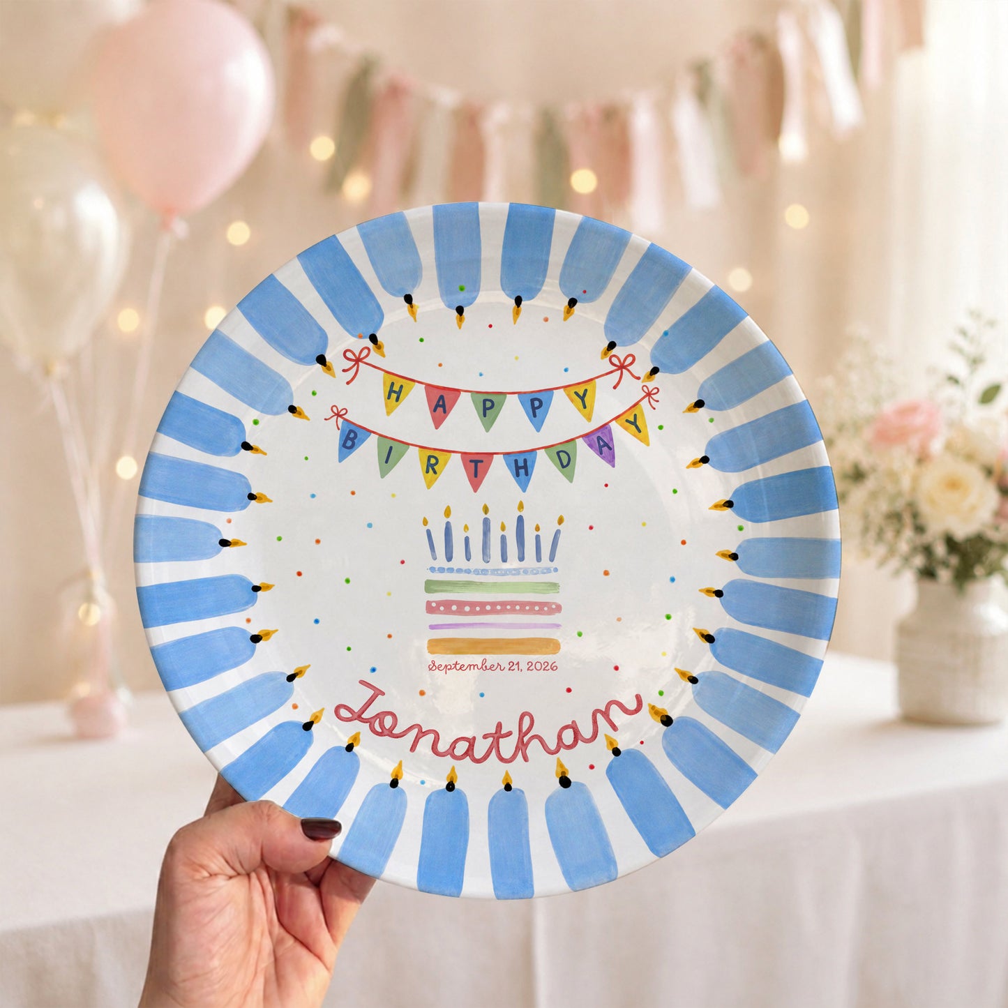 Colorful Party Banner Cake Custom Name Keepsake Personalized Birthday Plate P825IVY0