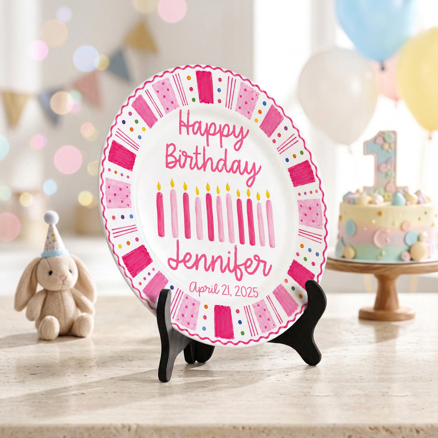 Pink Birthday Candles Personalized Birthday Plate for Kids Ceramic Keepsake Gift P86W4N0