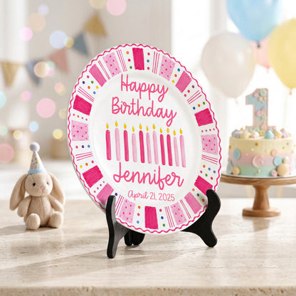 Pink Birthday Candles Personalized Birthday Plate for Kids Ceramic Keepsake Gift P86W4N0