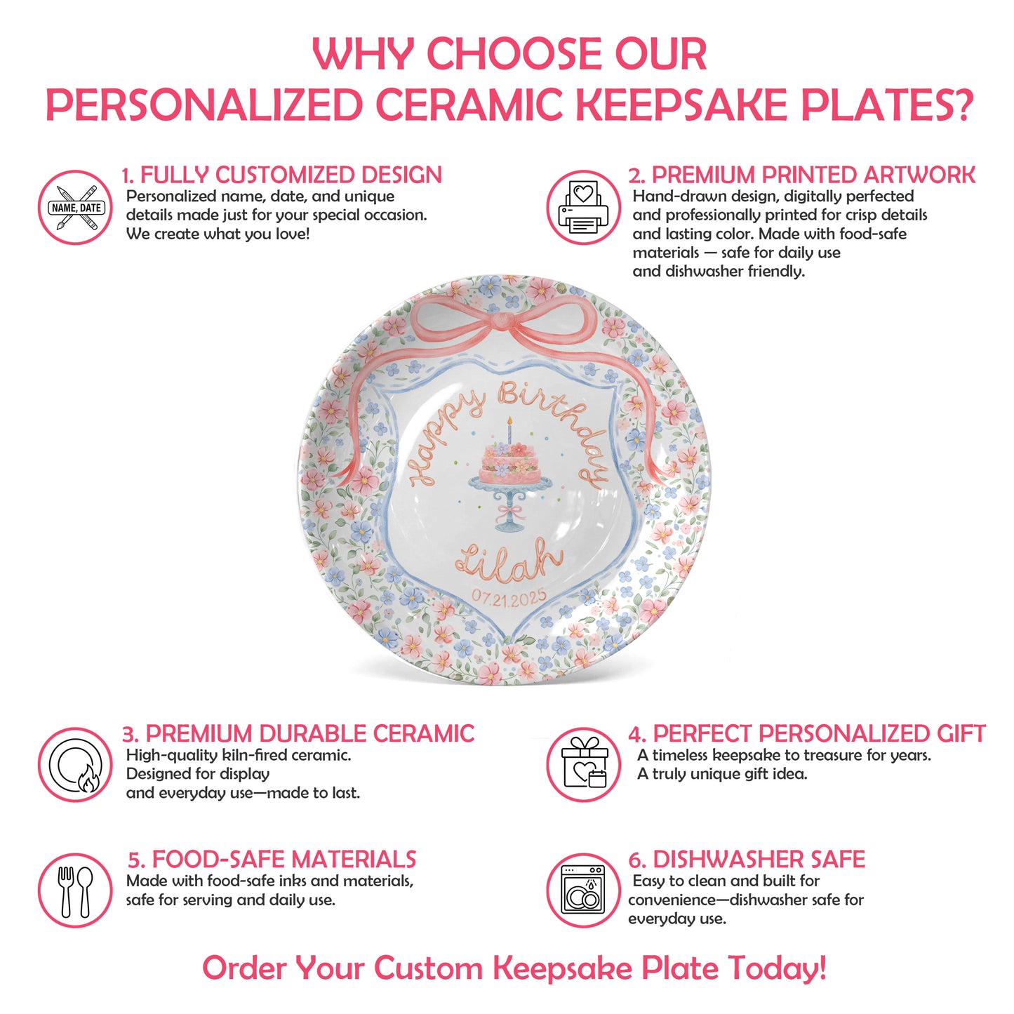 Pastel Floral Bow Cake Personalized Birthday Plate for Kids P317AIP0