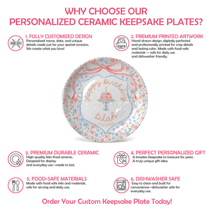Pastel Floral Bow Cake Personalized Birthday Plate for Kids P317AIP0