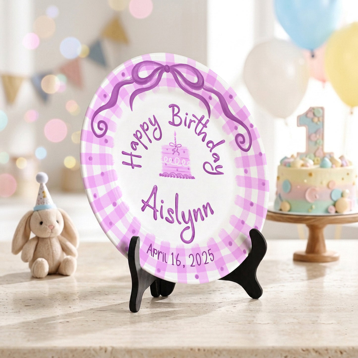 Pink Gingham Bow Personalized Birthday Plate for Kids, Custom Name and Date Ceramic Keepsake P85LHL0