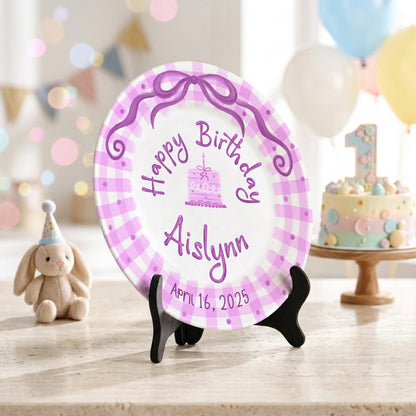 Pink Gingham Bow Personalized Birthday Plate for Kids, Custom Name and Date Ceramic Keepsake P85LHL0