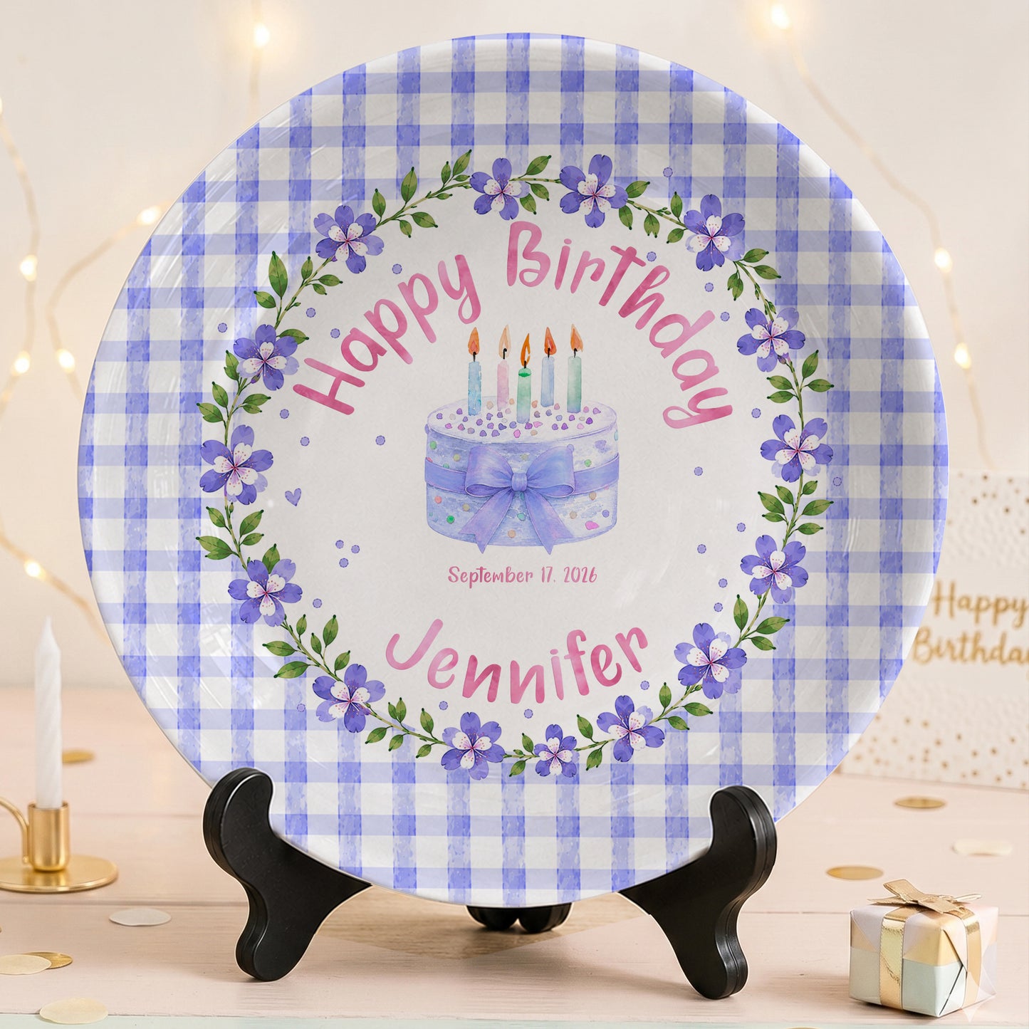 Purple Gingham Border with Floral Wreath Personalized Birthday Plate P624NIV0