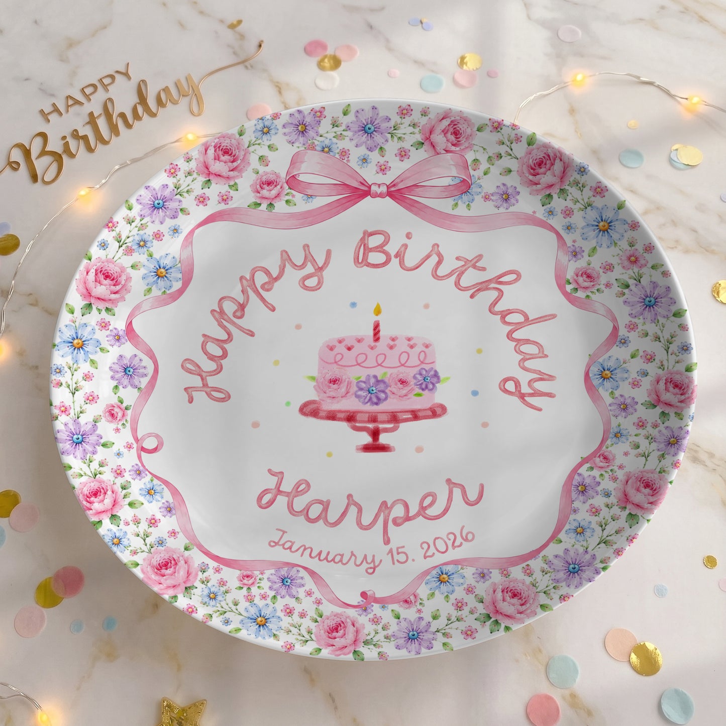 Pink Bow Floral Birthday Keepsake Personalized Birthday Plate D73RDS0