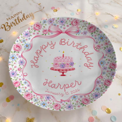 Pink Bow Floral Birthday Keepsake Personalized Birthday Plate D73RDS0