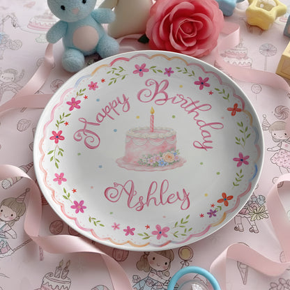 Pink Floral Scallop Personalized Birthday Plate P226GZM0