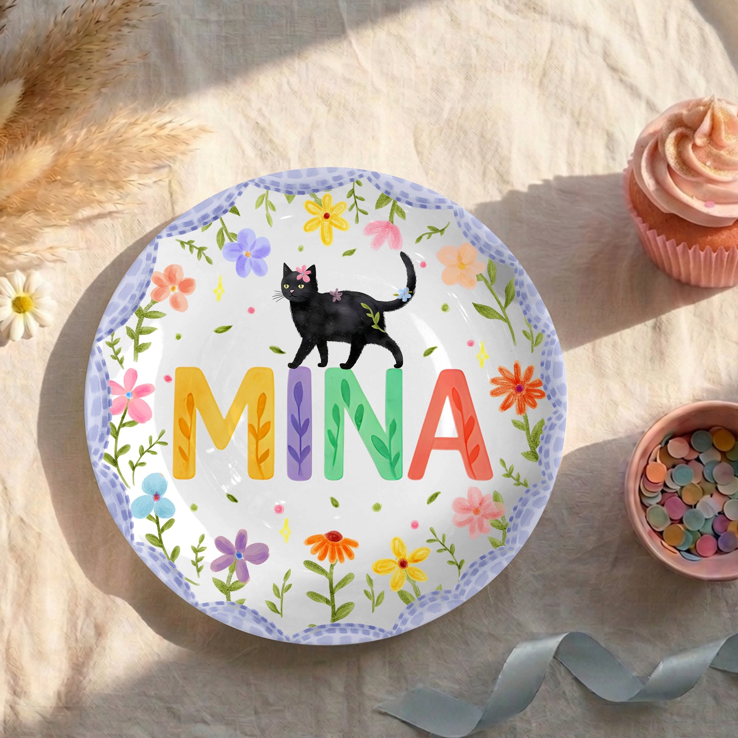Lavender Scallop Border with Black Cat and Colorful Floral Name Personalized Birthday Plate P54NP00