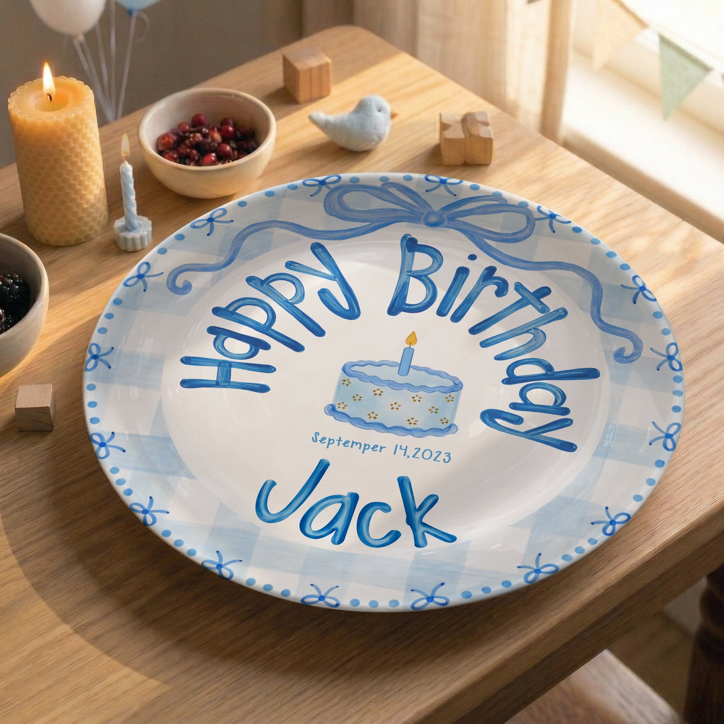 Soft Blue Gingham Personalized Birthday Plate P410VFL0