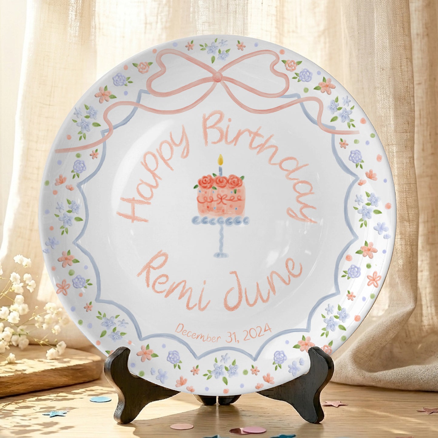 Pastel Floral Bow Cake Personalized Birthday Plate P46E040