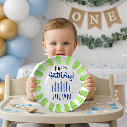 Green Brush Border with Blue Candles Personalized Birthday Plate D923B6N0