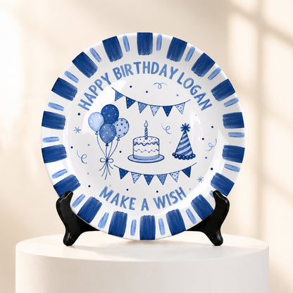 Blue Checkered Birthday Candles Personalized Birthday Plate D779CS0