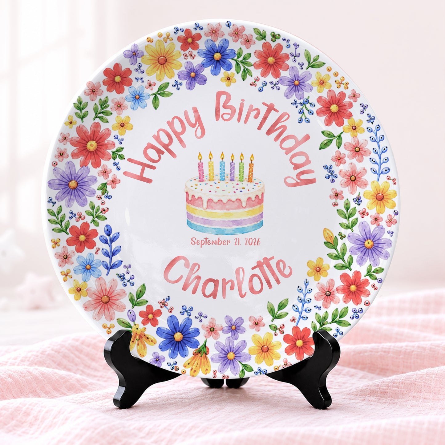 Custom Name Floral Birthday Cake Personalized Birthday Plate for Kids P619KWJ0