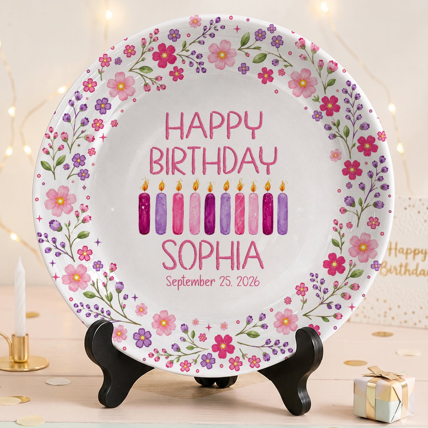 Floral Birthday Candles Personalized Birthday Plate for Girls D625JGX0