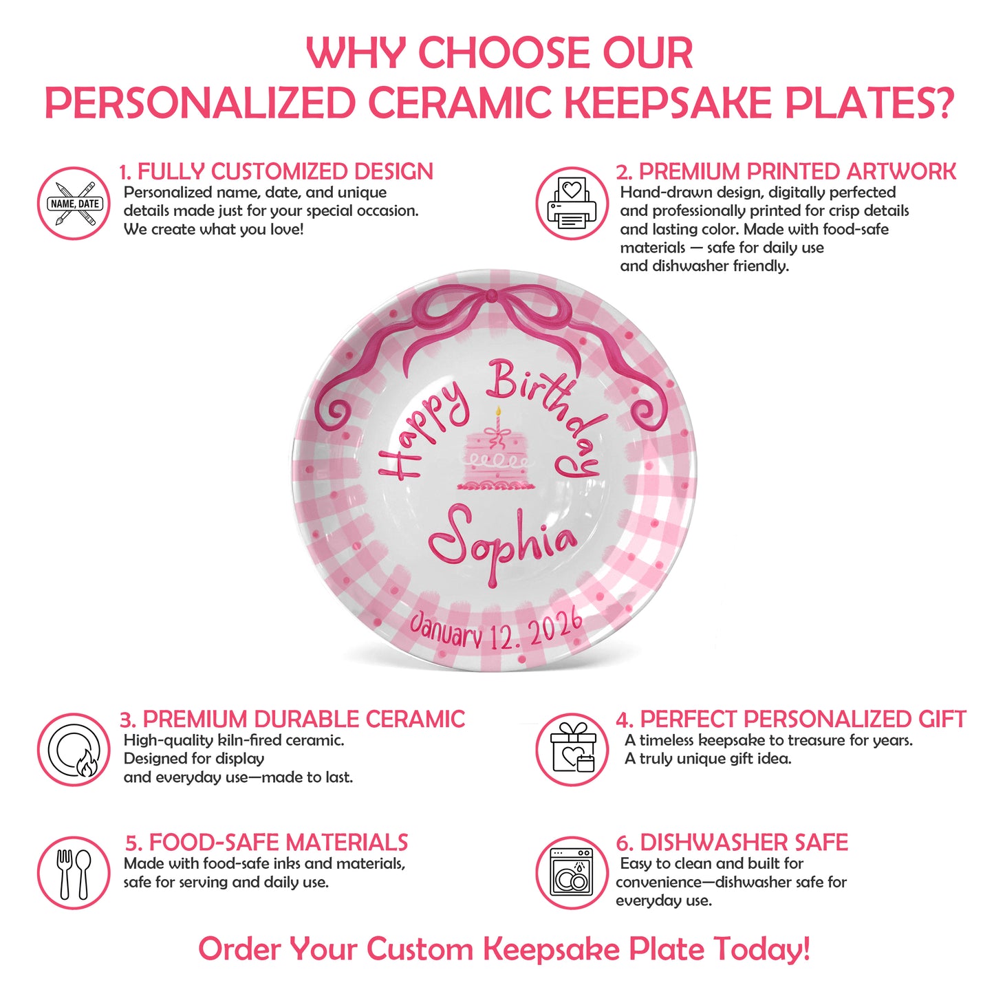 Pink Bow and Pink Gingham Birthday Cake Personalized Birthday Plate P5220BP0