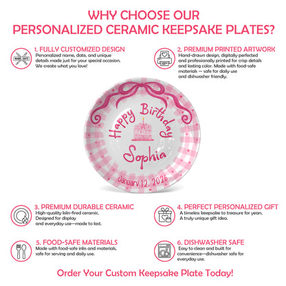 Pink Bow and Pink Gingham Birthday Cake Personalized Birthday Plate P5220BP0