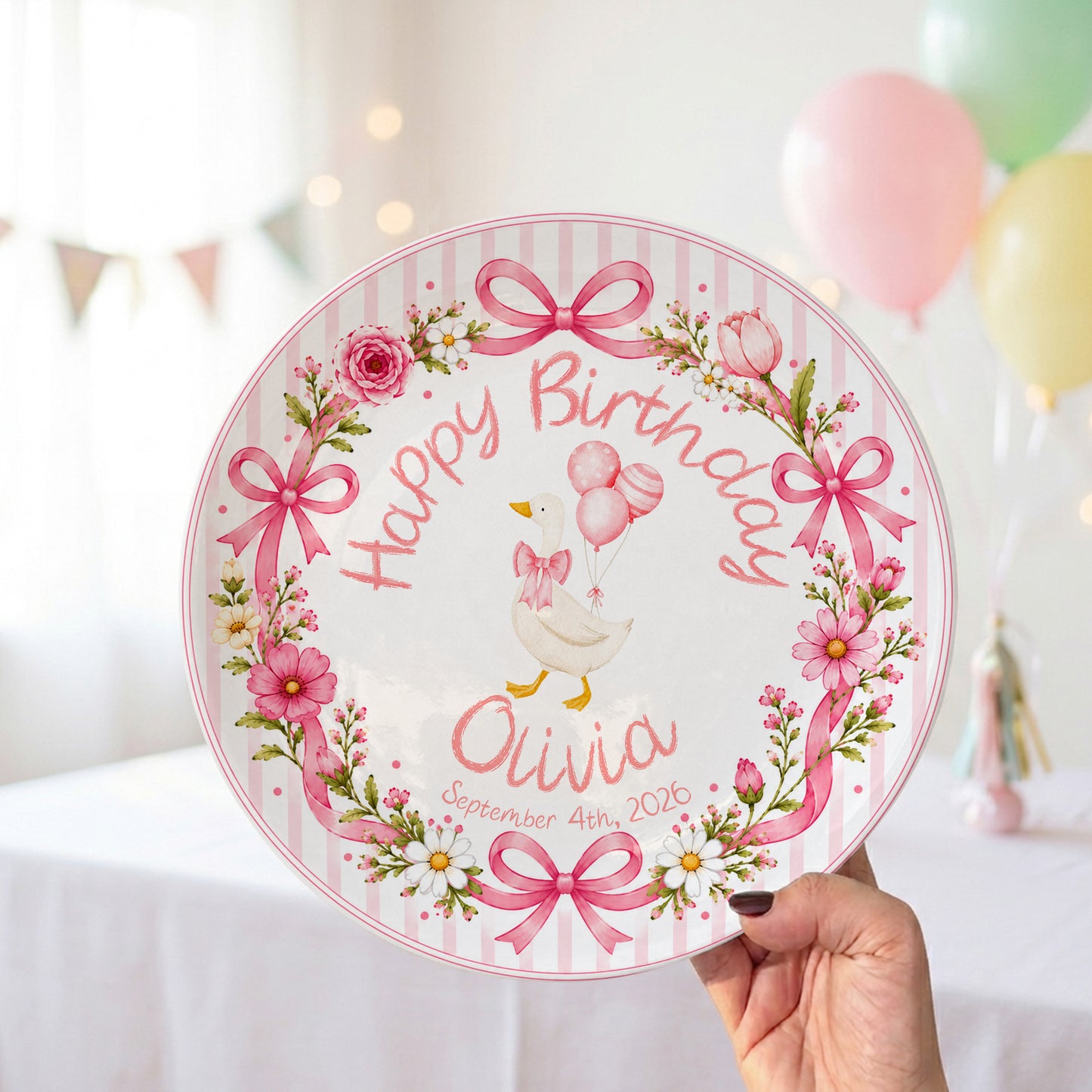 Pink Gingham Goose Keepsake Personalized Birthday Plate P718Q670