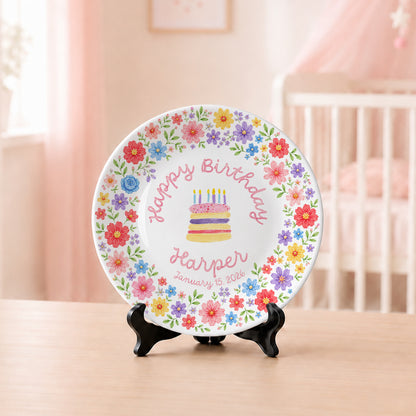 Colorful Floral Cake Personalized Birthday Plate D610EAF0