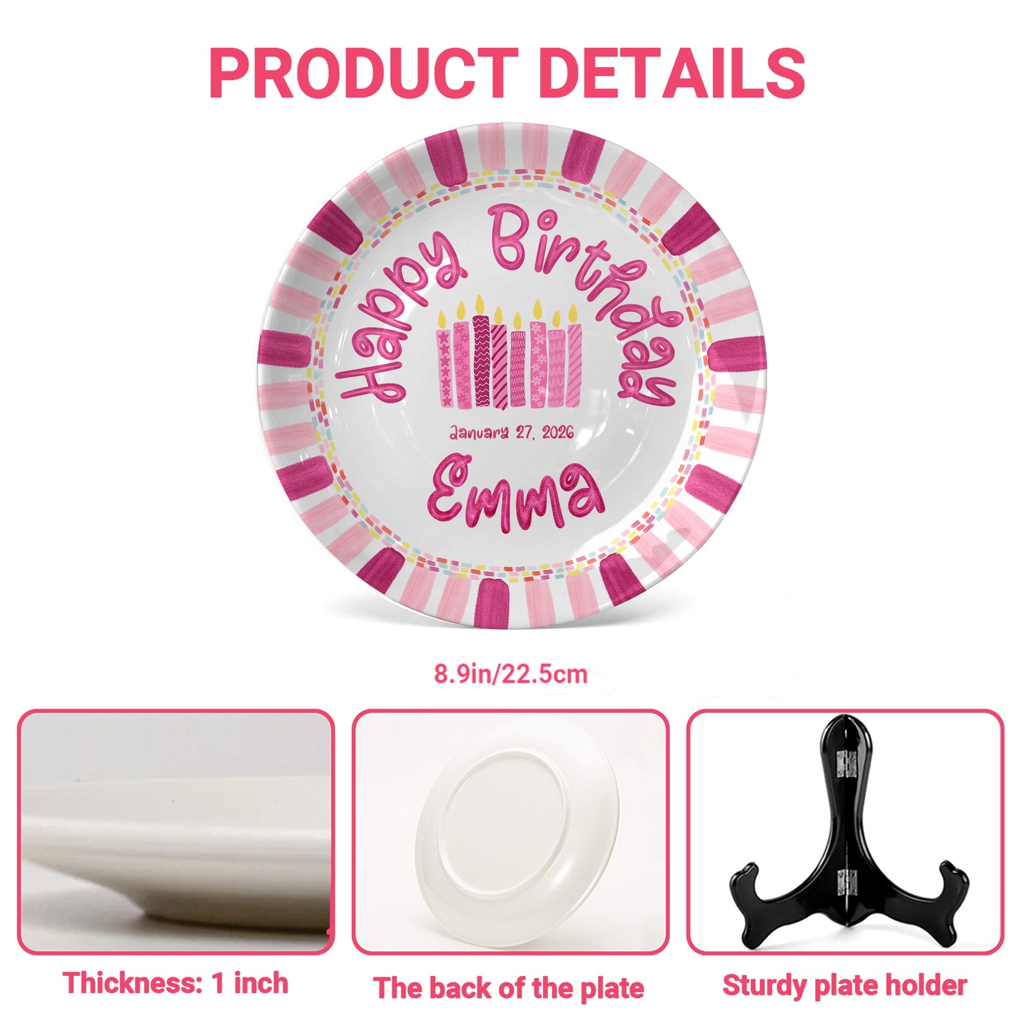 Pink Stripe Candle Personalized Birthday Plate P29F6C0