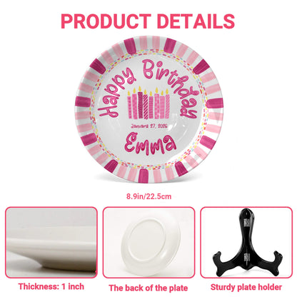 Pink Stripe Candle Personalized Birthday Plate P29F6C0