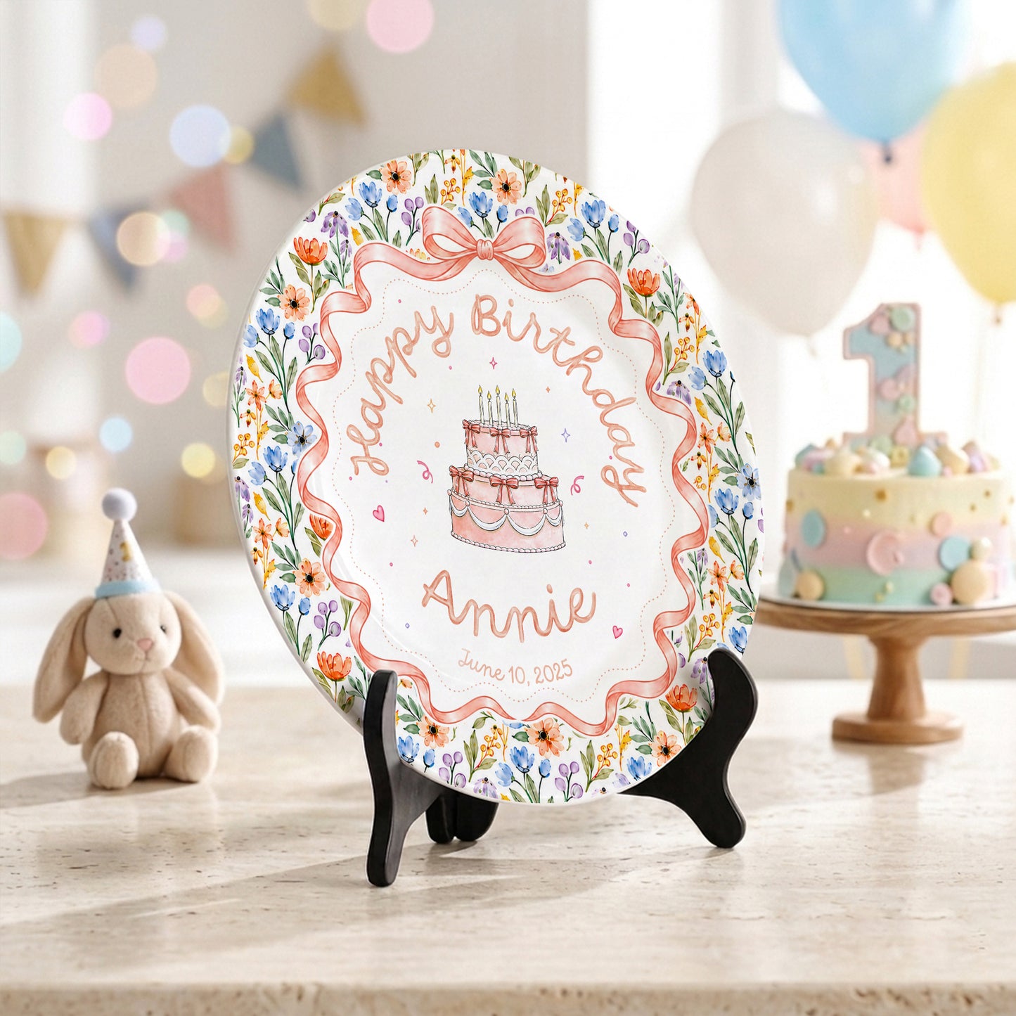 Floral Bow Birthday Cake Personalized Birthday Plate for Kids Keepsake P86TSJ0