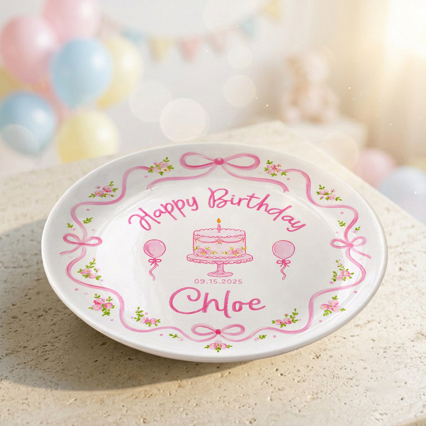 Pink Floral Bow Birthday Cake Custom Name Keepsake Personalized Birthday Plate Gift P813NCL0