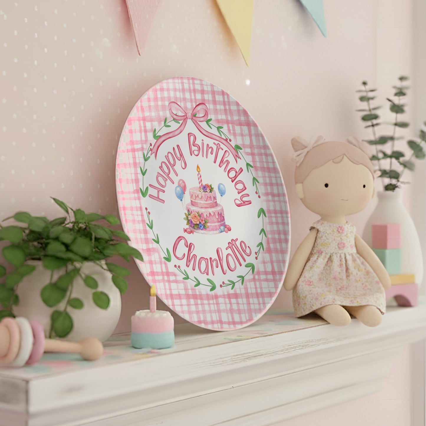 Pink Gingham Personalized Birthday Plate P130CVP0