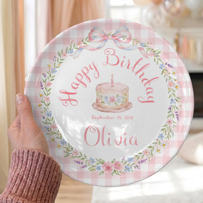 Pink Gingham Bow and Floral Wreath Cake Personalized Birthday Plate P415RRC0