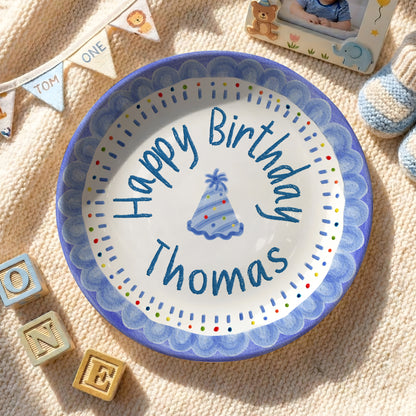 Blue Crayon Scallop Border with Party Hat Personalized Birthday Plate P511RLQ0