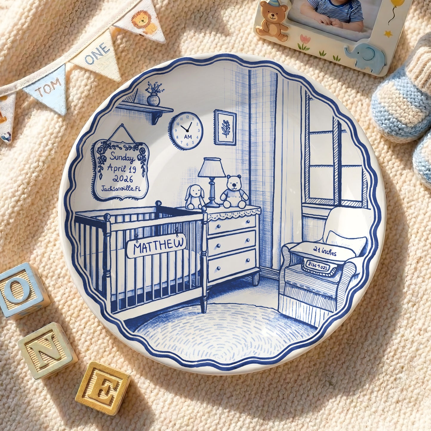 Pink & Blue Nursery Scene Personalized Birth Plate P513DV80