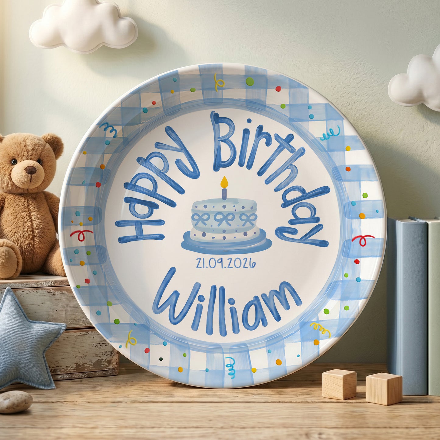 Blue Gingham Personalized Birthday Plate P64YCX0
