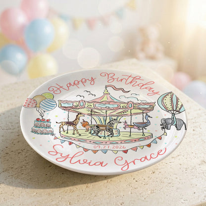 Carousel Animal Personalized Birthday Plate for Kids Custom Ceramic Keepsake P810QSG0