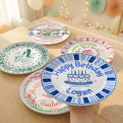 Blue Checkered Cake Personalized Birthday Plate for Boys Birthday Gift P812TGN0